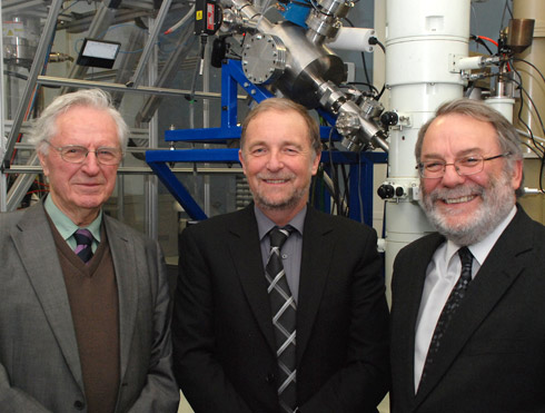 Professor Stephen Donnelly (centre) is pictured at the opening of MIAMI with former Astronomer Royal Professor Sir Arnold Wolfendale (left), a former colleague of Stephen, and Professor Sir Peter Knight (right), who chairs the University's EPSRC Centre Steering Committee.