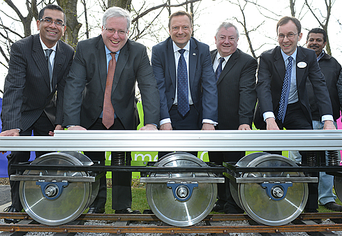 Pictured left to right are Kirklees Council Leader Mehboob Khan, Transport Secretary Patrick McLoughlin MP, Colne Valley MP Jason McCartney, the University’s Vice-Chancellor Professor Bob Cryan and Head of the Institute of Railway Research Professor Simon Iwnicki.