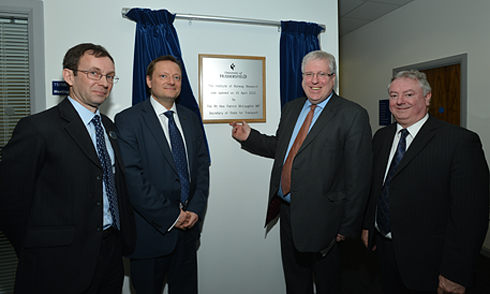Pictured above left to right are the Head of the Institute of Railway Research Professor Simon Iwnicki, Colne Valley MP Jason McCartney, Transport Secretary Patrick McLoughlin MP and the University’s Vice-Chancellor Professor Bob Cryan.