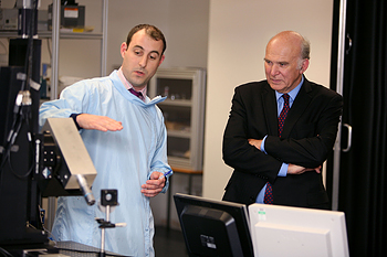 Dr Haydn Martin (left) explaining his cutting edge research with Business Secretary Dr Vince Cable at the launch of the EPSRC Centre for Innovative Manufacturing in Advanced Metrology.
